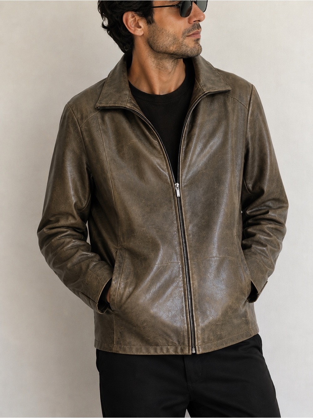 Bison Italian Leather Jacket Khaki Brown Size 52 XL Made in Italy Vintage - Picture 10 of 11